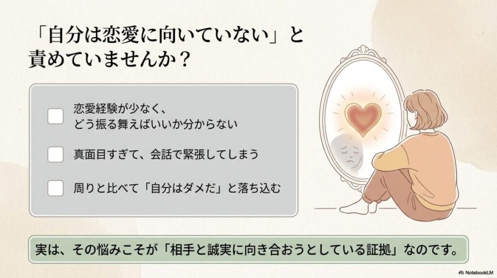 鏡の中の自分を見つめ、自分を責めるのをやめて愛される自分に変わるためのイラスト