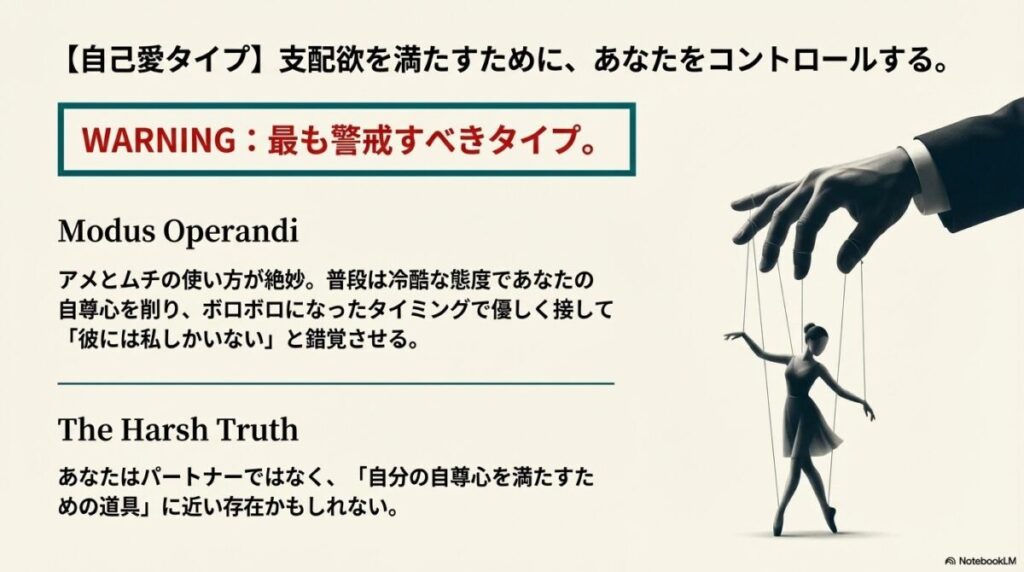 女性を操り人形のようにコントロールする男性の手のイラスト。支配欲を満たす自己愛タイプの特徴解説。