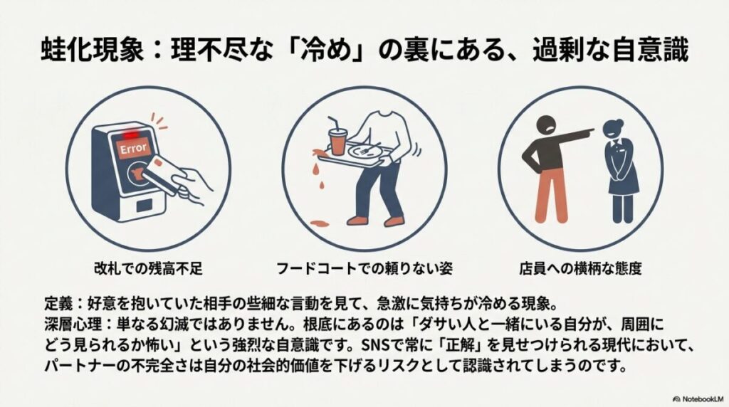 3つのイラストアイコン。「エラーが出た改札」「こぼしたフードコートのトレイ」「店員への横柄な態度」が描かれ、これらが蛙化現象（急激に冷める現象）の原因となることを示している。