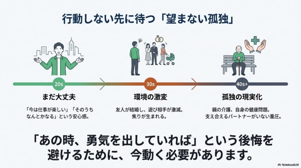 20代の余裕、30代の環境激変と焦り、40代以降の親の介護や自身の健康問題による孤独の現実化を示した人生のタイムライン図