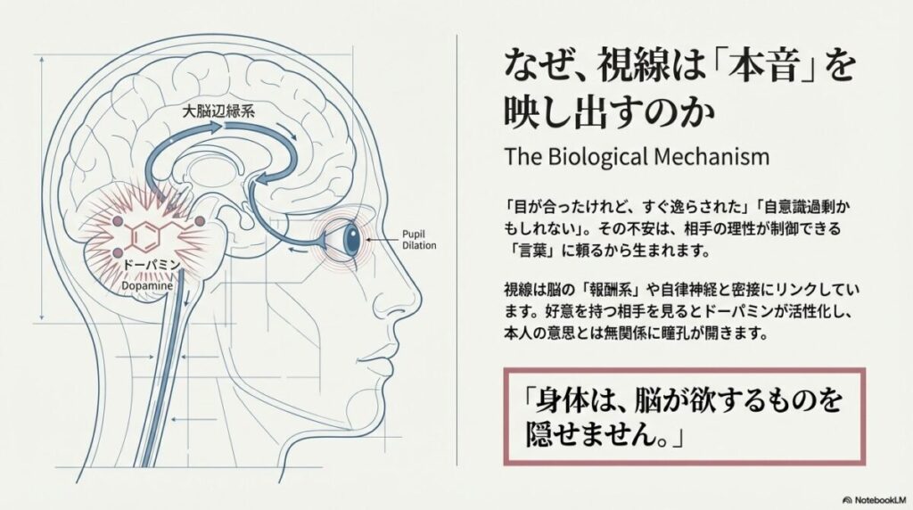 脳のドーパミン活性化と瞳孔散大のメカニズムを示す図解