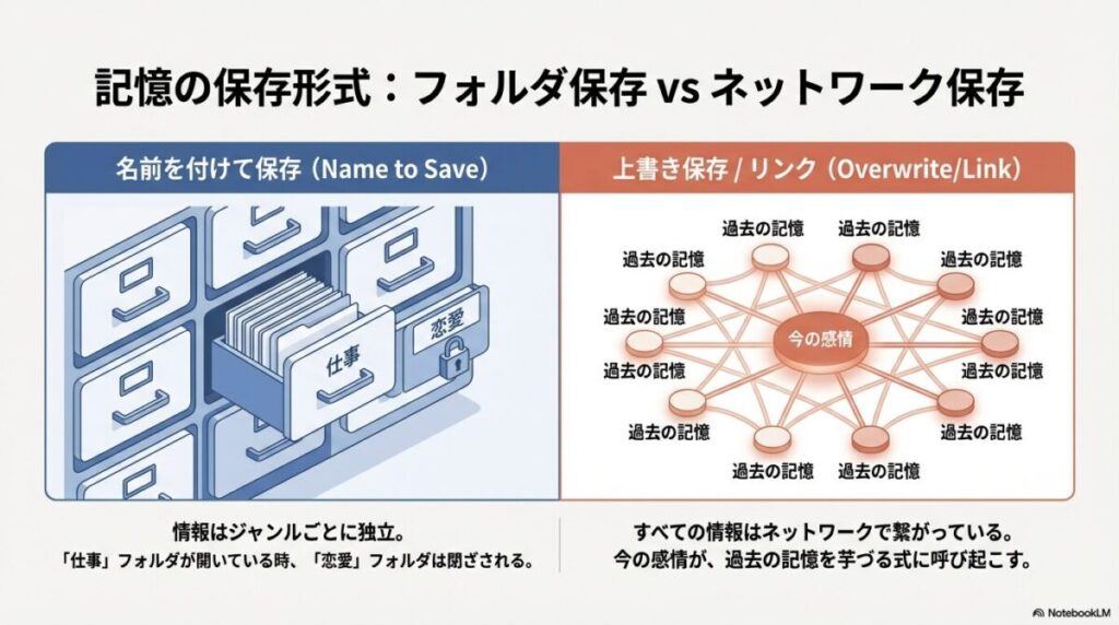 男性の「名前を付けて保存（独立）」と女性の「ネットワーク保存（芋づる式）」の記憶構造の違いを示すイラスト