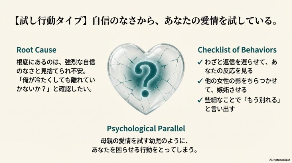 クエスチョンマークが描かれたひび割れたハート。相手の愛情を確認するためにわざと困らせる試し行動の心理解説。