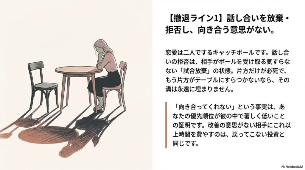 相手が向き合ってくれず、一人でテーブルに座りうなだれる女性の影を描いたイラスト