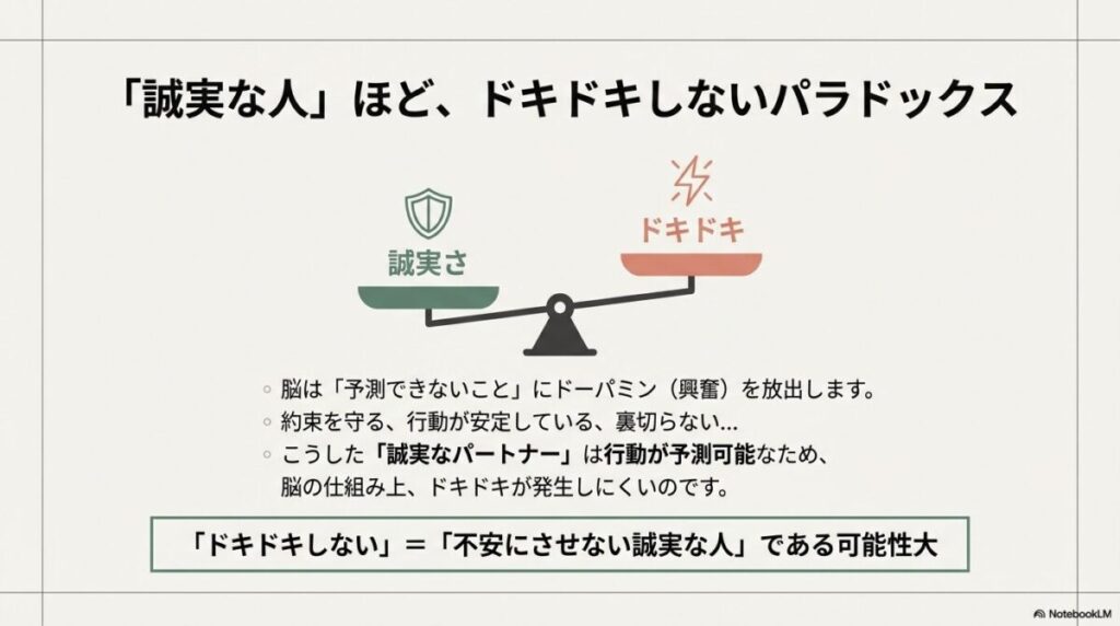 誠実さとドキドキが反比例することを示す天秤のイラスト。予測可能な誠実なパートナーは安心感が高い。