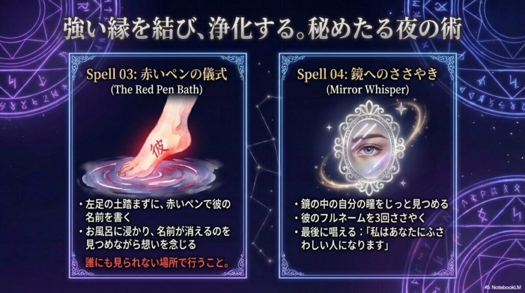 足の裏に名前を書く「赤いペンの儀式」と、鏡に向かって唱える「鏡へのささやき」で強力な縁を結ぶ方法。