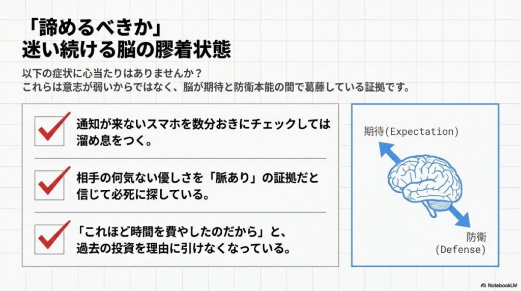脳のイラストを背景に、期待（Expectation）と防衛（Defense）の文字が対立しており、数分おきにスマホをチェックしてしまうような「膠着状態」を説明するスライド。