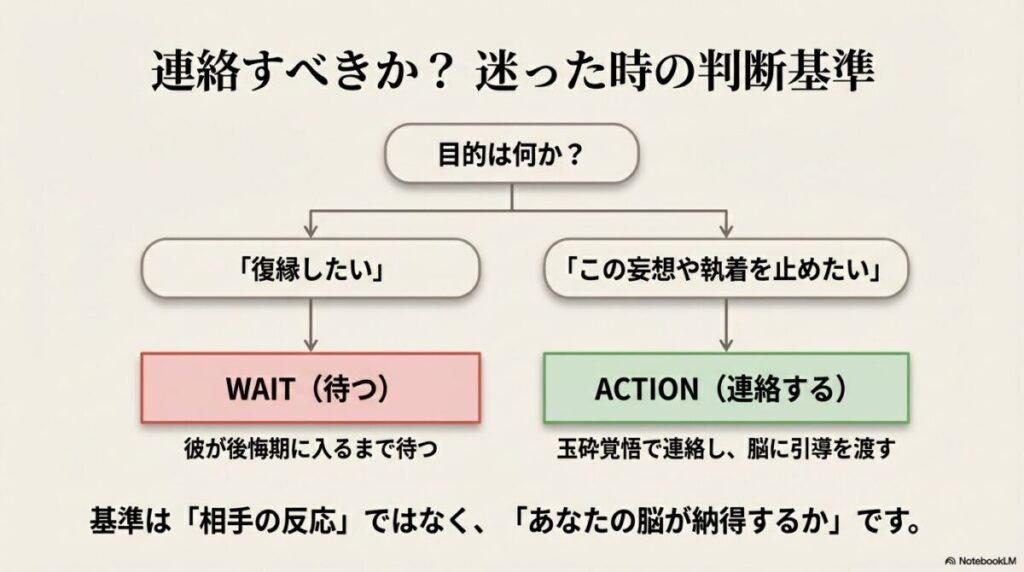 「復縁したい」なら待つ、「執着を止めたい」なら連絡するという判断フロー