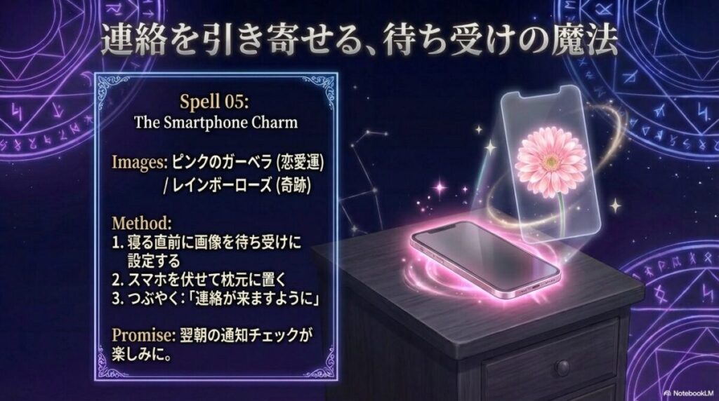 ピンクのガーベラやレインボーローズなど恋愛運が上がる画像を待ち受けに設定し、連絡を引き寄せる方法。