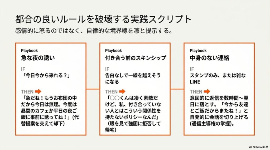 夜の誘いや曖昧な連絡に対する、具体的な拒絶と主導権奪還のトークスクリプト。