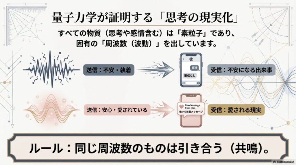 不安や愛の感情が周波数として共鳴し現実を引き寄せる量子力学の図解