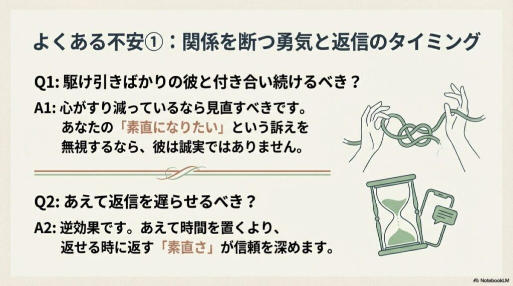 砂時計とスマホのイラスト。駆け引きばかりの彼との関係を見直す基準と、返信は素直に返す方が良いという回答。