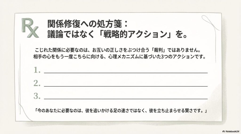 議論ではなく戦略的なアクションが必要であることを示す、処方箋（Rx）をモチーフにしたスライド