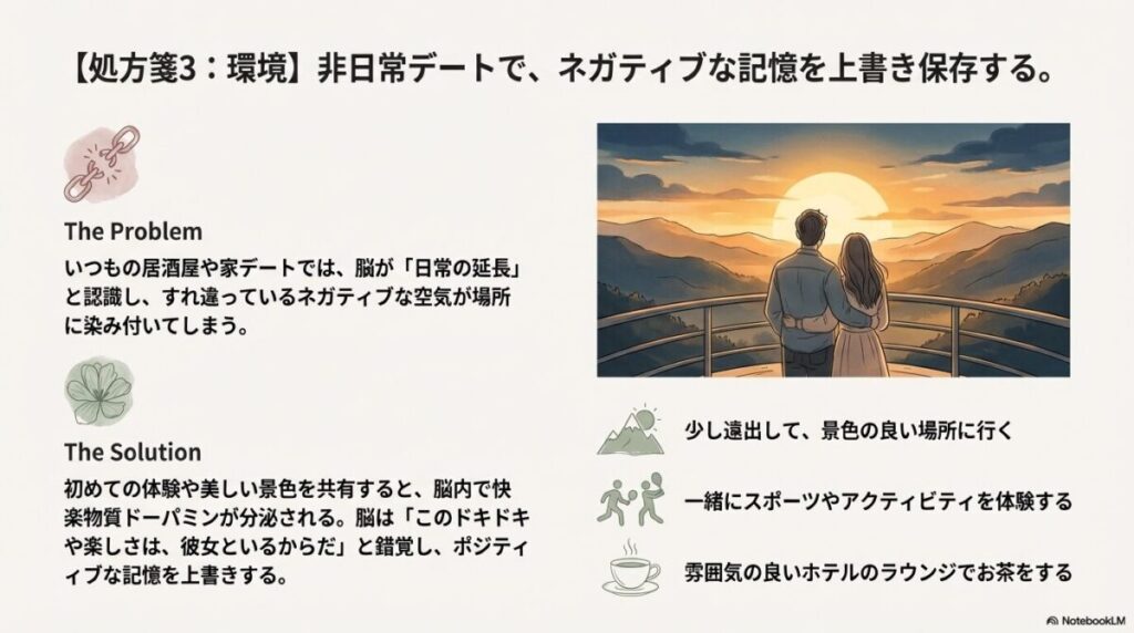 美しい景色を二人で眺めることで、ポジティブな記憶を上書き保存できることを示したカップルのイラスト