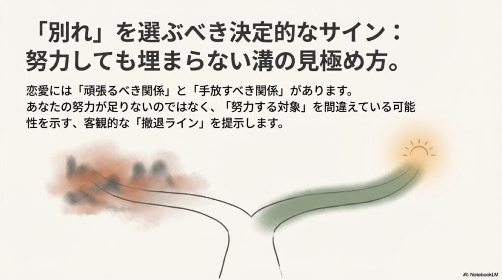 努力の方向性が正しいか判断するための撤退ラインについて解説したテキストスライド