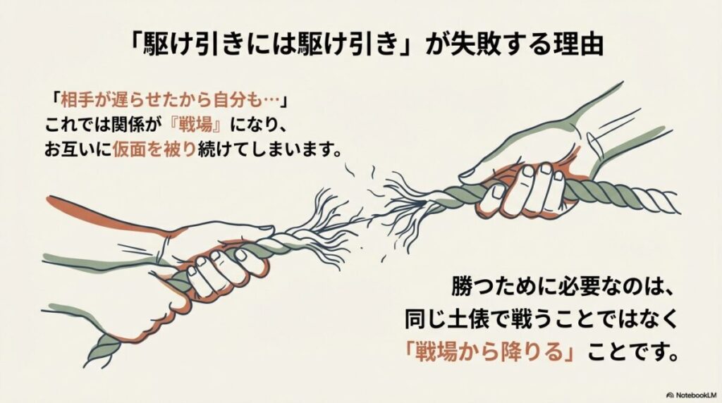 「相手が遅らせたから自分も…」という連鎖を断ち、同じ土俵で戦わず戦場から降りることの重要性の解説