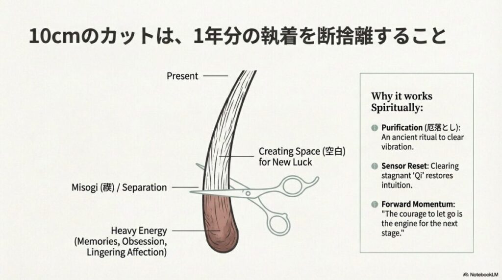 毛先に溜まった重いエネルギーを切り落とし、新しい運気を呼ぶための空白（スペース）を作る概念図