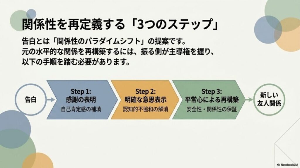 告白とは関係性のパラダイムシフトの提案であり、感謝の表明、明確な意思表示、平常心による再構築という3つのステップで関係性を再定義する図