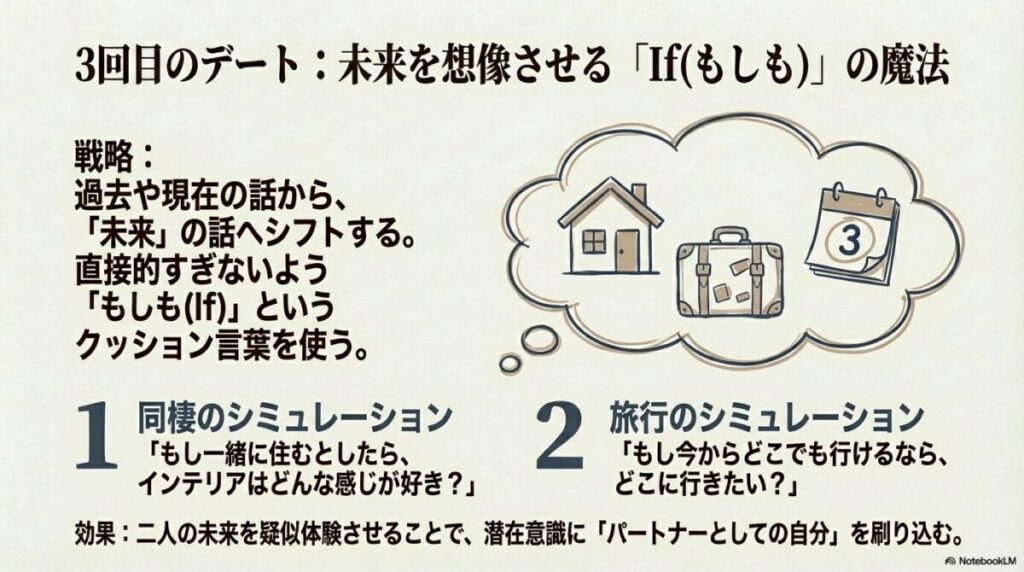 同棲や旅行のシミュレーションなど、「もしも」という言葉を使って二人の未来を疑似体験させる戦略。