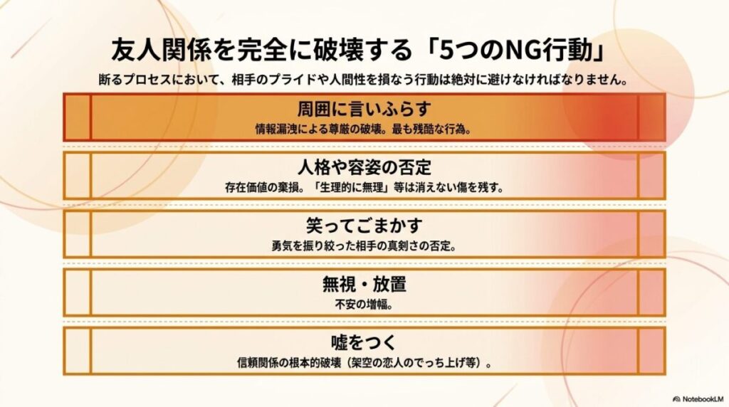 周囲に言いふらす、人格や容姿の否定、笑ってごまかす、無視・放置、嘘をつくといった、友人関係を完全に破壊する5つのNG行動リスト