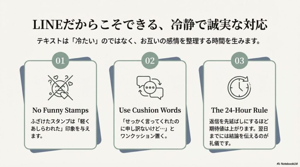 ふざけたスタンプ禁止、クッション言葉の使用、24時間以内の返信という礼儀のポイント