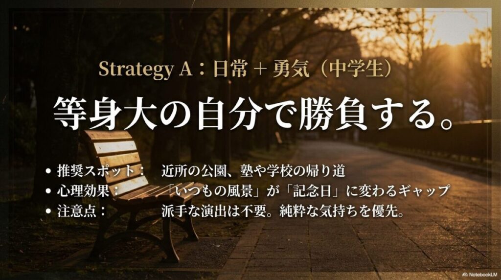 公園や塾の帰り道など、等身大の自分で勝負する中学生向けの推奨スポットと注意点