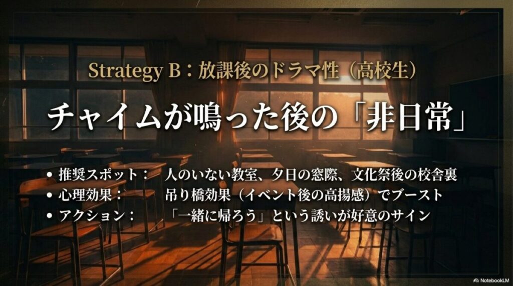 誰もいない教室や夕日の窓際など、吊り橋効果を狙った放課後の推奨スポットと心理効果
