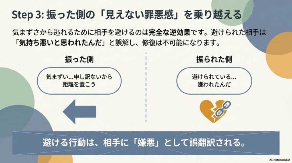 振った側は1ヶ月前後、振られた側は3〜6ヶ月など、感情がフラットに戻るまでの冷却期間の目安を示したマップ図