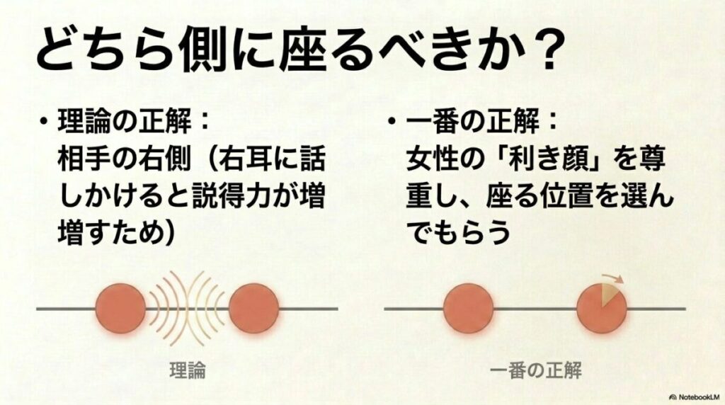 カウンター席では相手の右側に座るのが理論上の正解ですが、女性の利き顔を尊重して選んでもらうのが一番の正解です