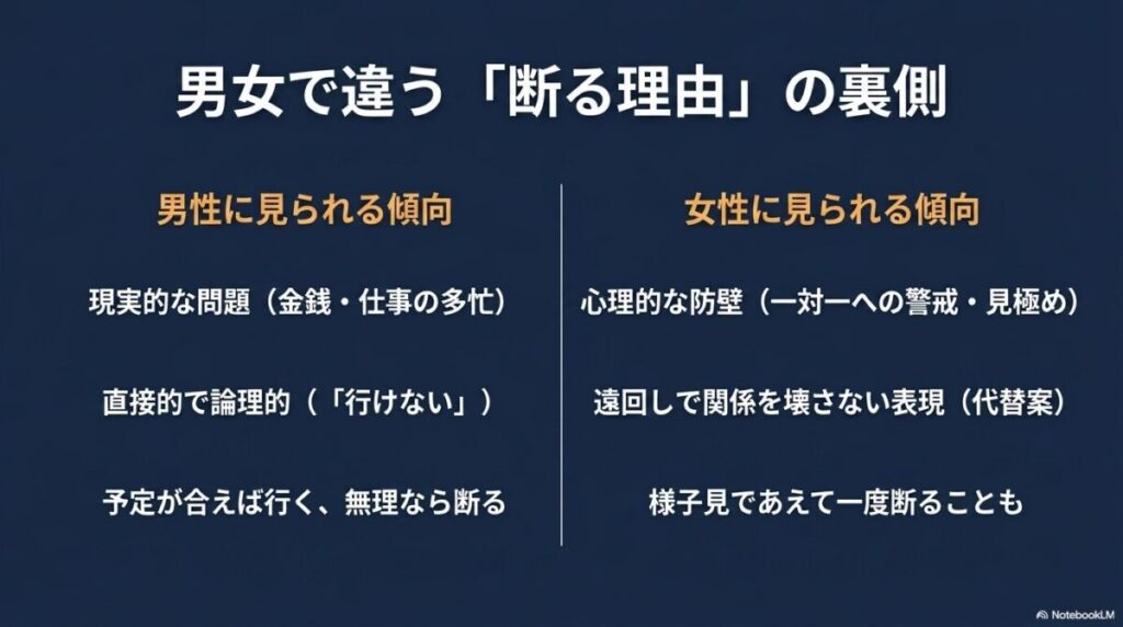 男女で違うデートを断る理由の裏側（男性は現実的な問題、女性は心理的な防壁など）
