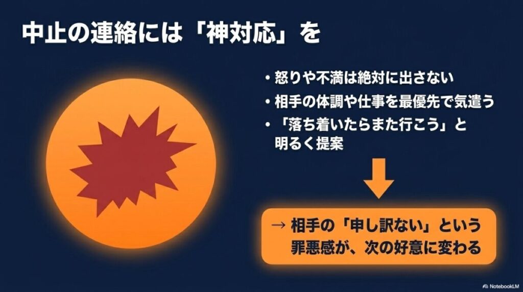 中止の連絡には怒りを出さず相手を最優先で気遣い、落ち着いた頃に明るく再提案する神対応のポイント