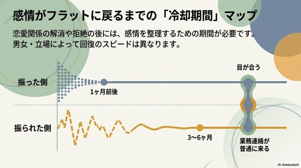 振られた側は精神的リソースが枯渇しているため、日常の挨拶など平常心を持って振った側から関係再構築の主導権を握る必要があることを示す図
