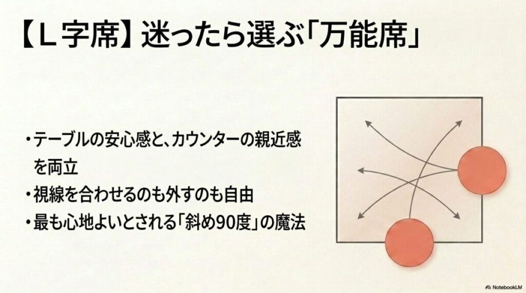 L字席はテーブルの安心感とカウンターの親近感を両立した万能席で、最も心地よいとされる斜め90度の魔法があります