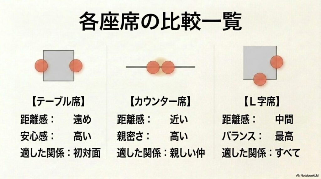 テーブル席、カウンター席、L字席の距離感、安心感・親密さ・バランス、適した関係性をまとめた比較一覧表