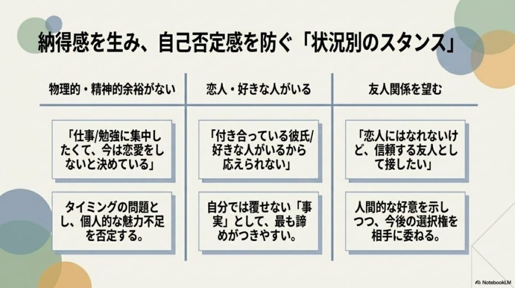 物理的・精神的余裕がない、恋人・好きな人がいる、友人関係を望むという3つの状況別に、納得感を生み自己否定感を防ぐスタンスをまとめた図