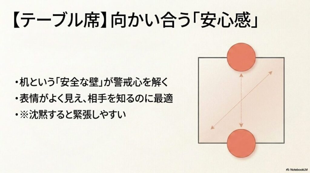 テーブル席は向かい合う安心感があり、警戒心を解き相手を知るのに最適ですが、沈黙すると緊張しやすい特徴があります