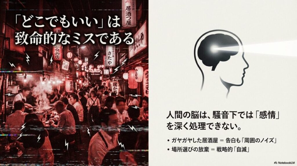 騒がしい居酒屋などのノイズが感情の深い処理を妨げ、場所選びの放棄が自滅に繋がることを警告するスライド