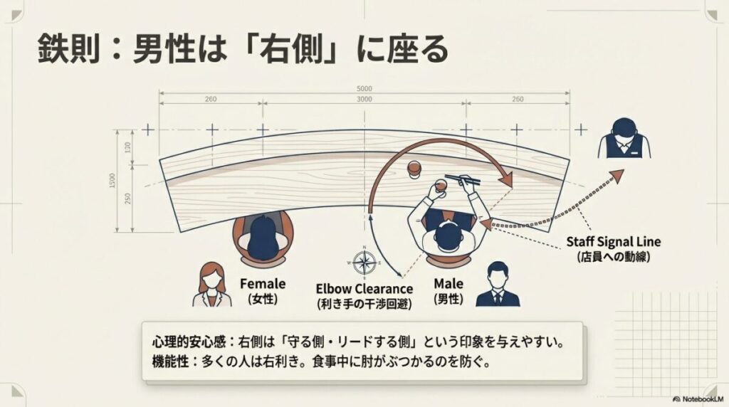 男性が右側に座ることでリード感を出し、かつ利き手の干渉を防ぐ動線を示した配置図。