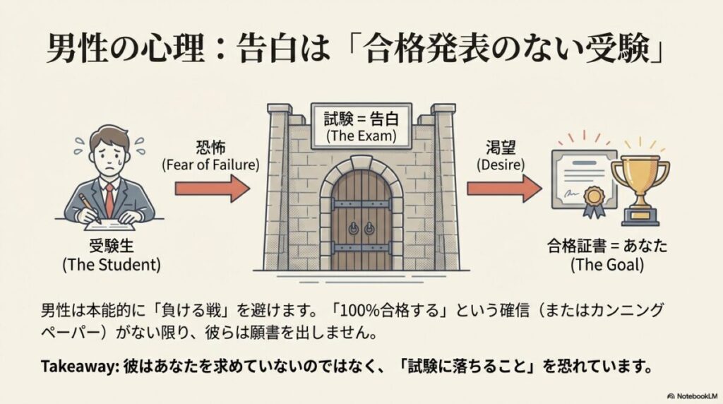 シーソーのイラスト。「恋人関係への発展」というメリットよりも、「今の居心地の良い関係を失うリスク」が勝ってしまい、男性が現状維持を選んでしまう構造の説明