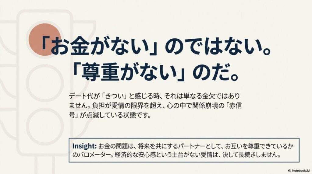 「『お金がない』のではない。『尊重がない』のだ。」という強いメッセージ。デート代の負担が愛情の限界を超え、関係崩壊の赤信号が点滅していることを説明するスライド。