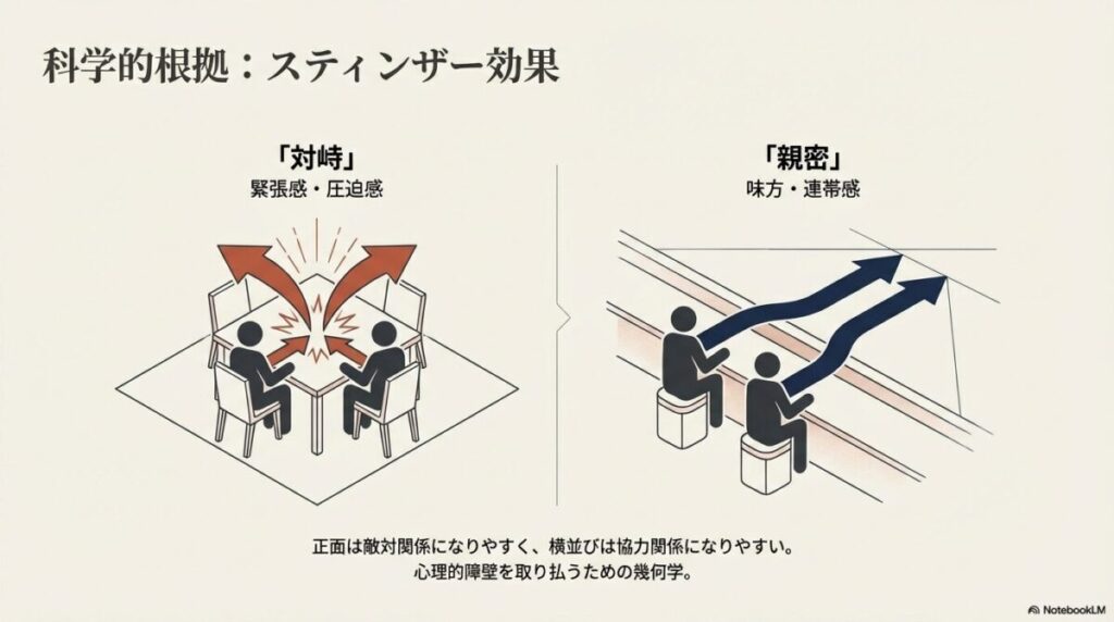 正面は「対峙・緊張感」、横並びは「親密・連帯感」を生むというスティンザー効果を矢印で示した図解。