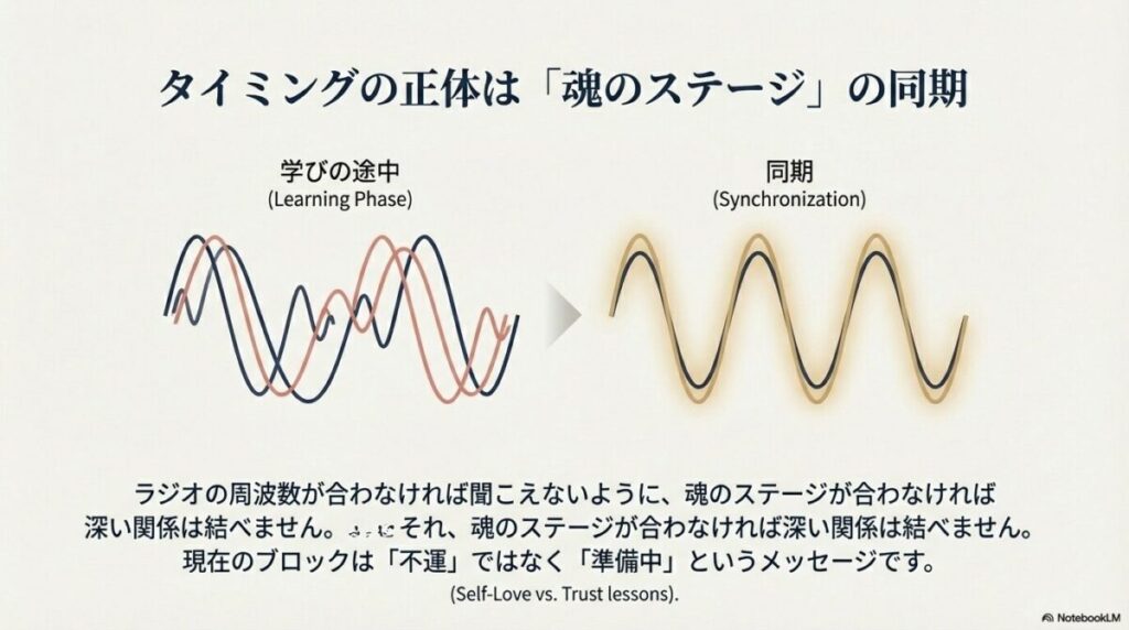 異なる波形の線が重なり合い同期する様子を描いた図。ラジオの周波数が合うように、魂のステージが合った時に深い関係が結ばれることを示す