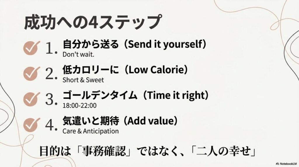 自分から送る、低カロリー、タイミング、気遣いと期待の4ステップをまとめた最終確認スライド。