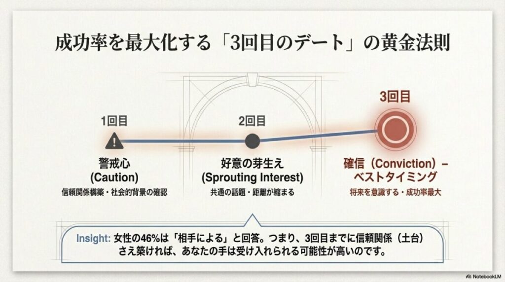 1回目（警戒心）、2回目（好意の芽生え）、3回目（確信・ベストタイミング）と、デート回数に応じて信頼関係が構築され成功率が最大化することを示す図解スライド