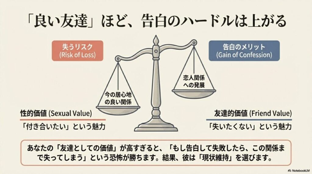 車のフロントガラス越しに見える、女性がハンドルを握り、男性がリラックスしているイラスト 。女性が主導権を握りすぎると、男性は責任（告白）を放棄し、先送りしてしまう心理の図解