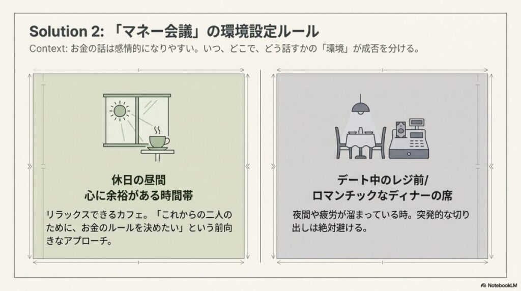 お金の話し合いに適した休日の昼間と、避けるべきレジ前などの対比図