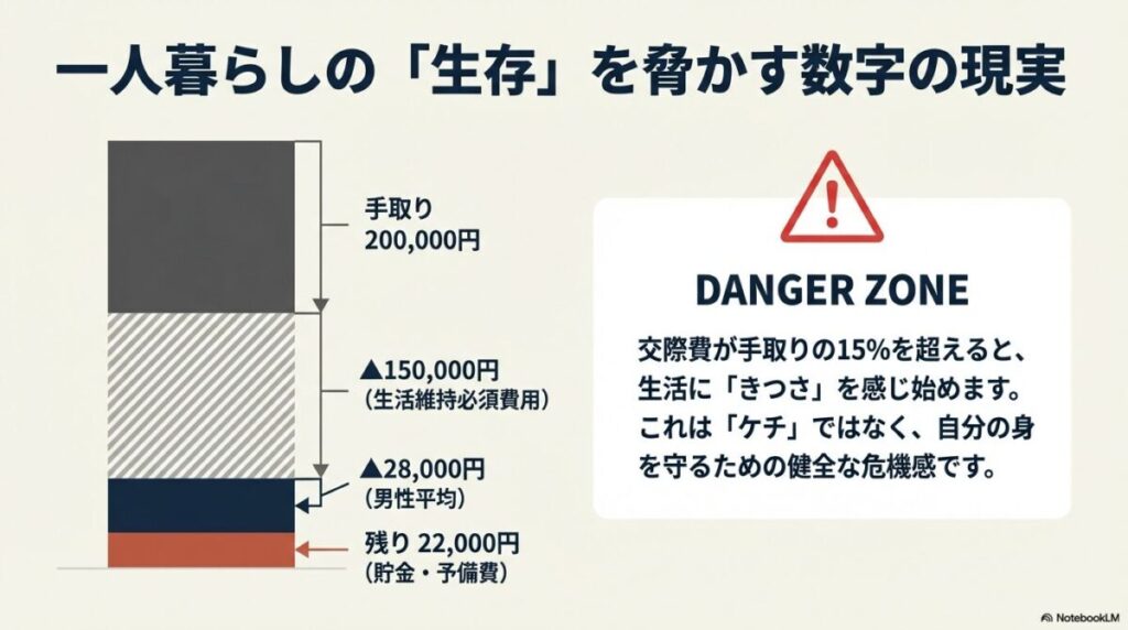 手取り20万円から、生活維持費15万円とデート代2.8万円を引くと残り2.2万円になることを示す積上げグラフ。「交際費が手取りの15%を超えると危険域」という警告。