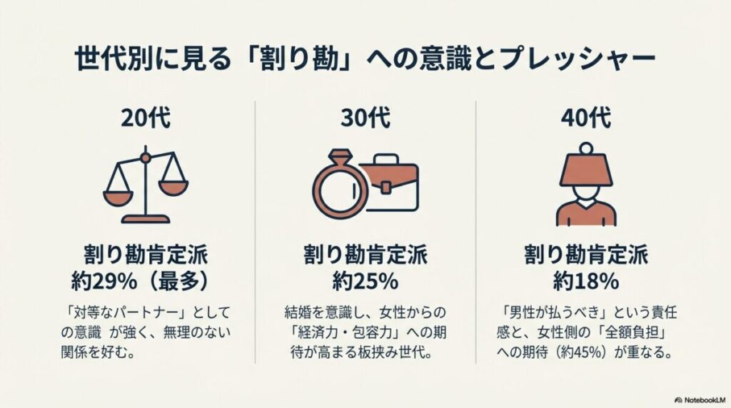 20代（対等重視）、30代（板挟み）、40代（責任感と期待）の各世代における割り勘肯定派の割合と心理的特徴を比較した図解。