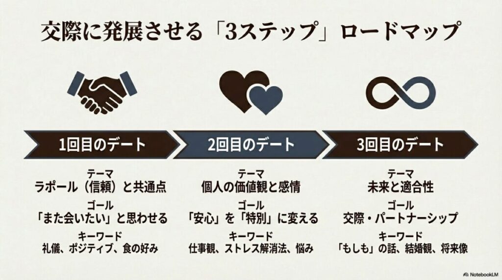 1回目（信頼）、2回目（価値観）、3回目（未来）と、回数ごとに変化する会話テーマとゴールの図解。