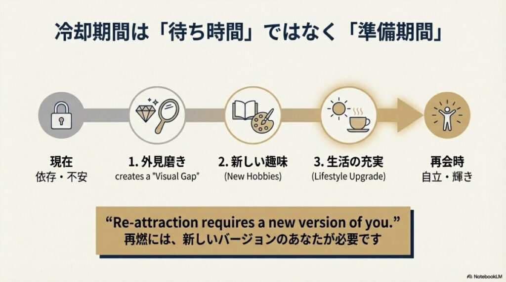 鏡（外見磨き）、本とパレット（新しい趣味）、太陽とコーヒー（生活の充実）のアイコン。冷却期間は待ち時間ではなく準備期間であることを示す図